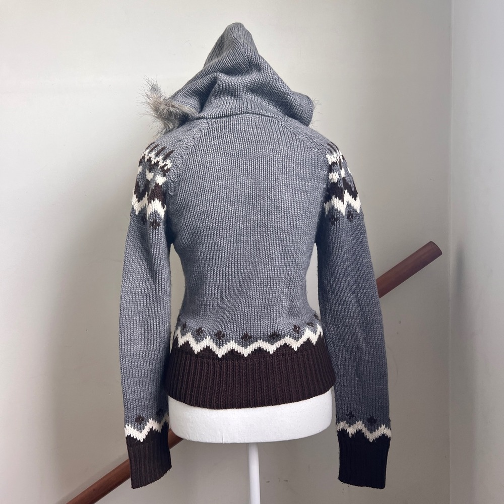 Vintage 90s Energie Fair Isle Faux Fur Hooded Sweater Grey Y2K Gorpcore Preppy - Picture 5 of 10